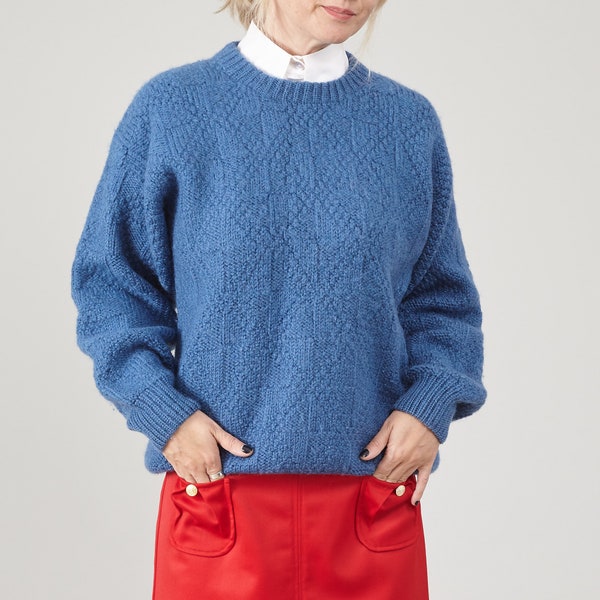 Cerulean Blue Vintage Handgestrickter Wolle Pullover - Damen Große Rundhals Pullover