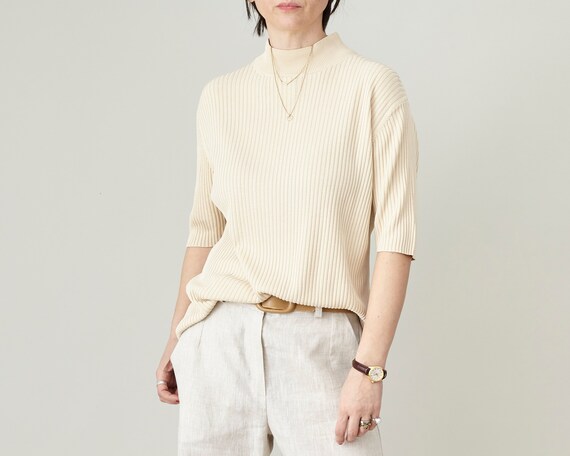 Vintage Silk Ribbed Mock Neck Short Sleeve Top for Women Size S L