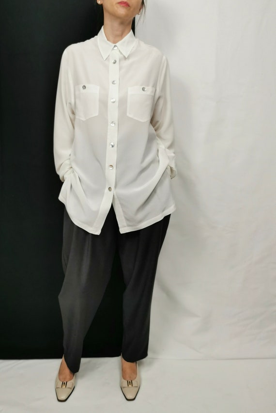 White Silk blouse for Women Size M | Vintage Silk