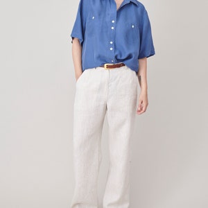 Pure Silk Shirt Size M L Blue Silk Short Sleeve Blouse FTV1455 image 2
