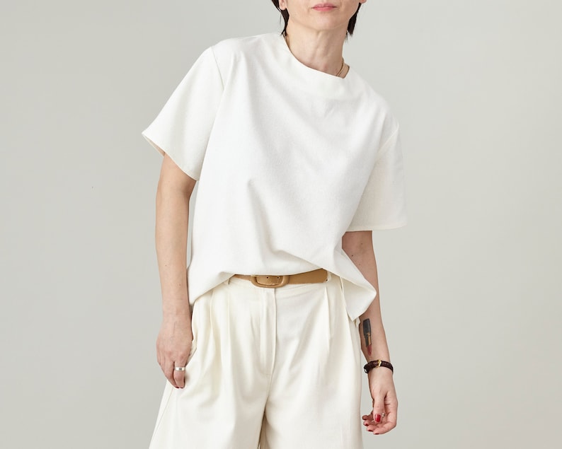 Raw Silk Short Sleeve Top for Women White Silk Summer Blouse Custom Silk T-Shirt image 1