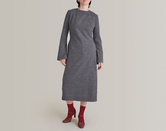 Wool Dress for Women | Grey Wool Dress for Winter | Long Sleeves Dress with Pockets | Mid Calf Dress FTN60_92WOL