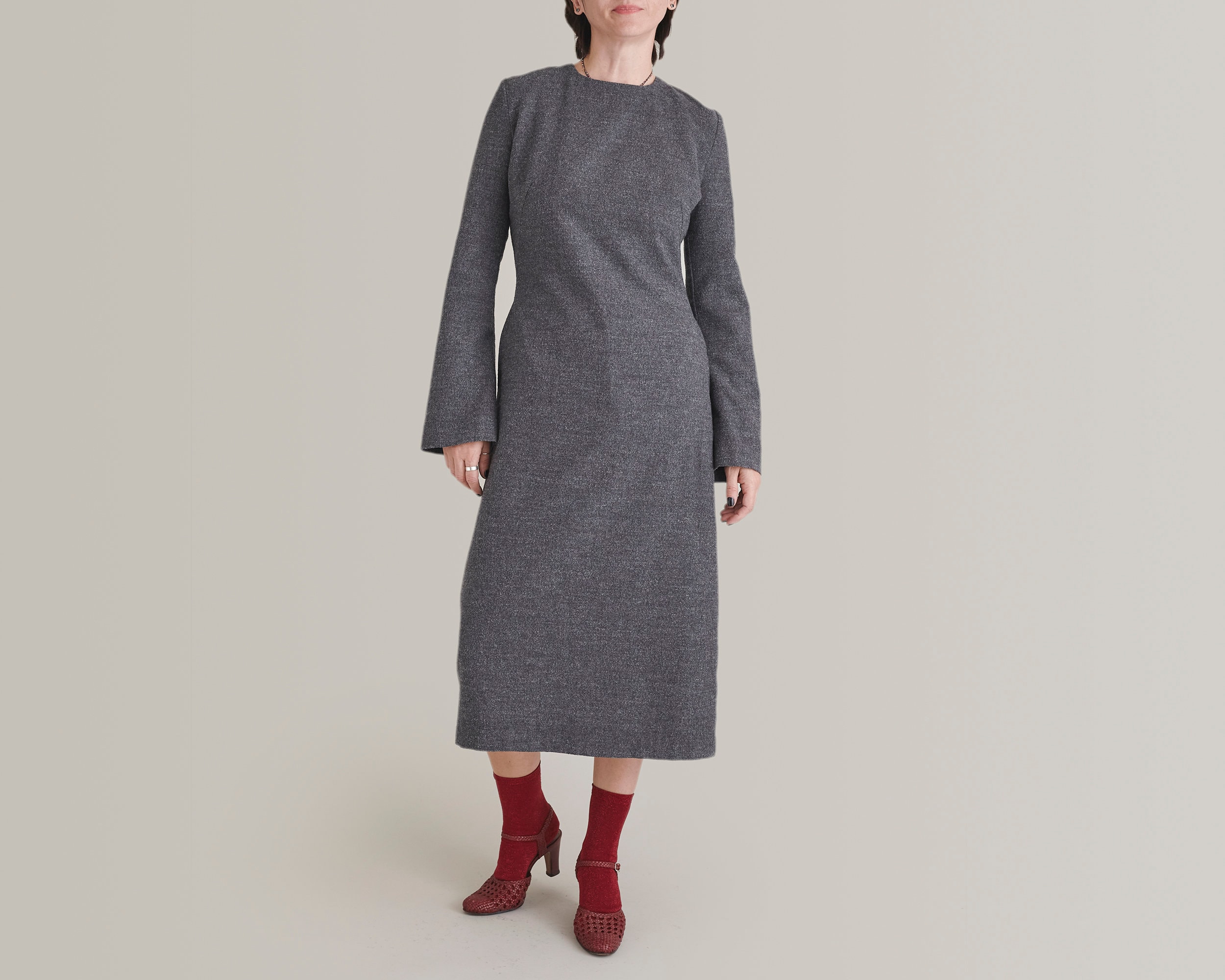 Handmade Wool Midi Dress: Grey Flannel Long Sleeve Winter Dress
