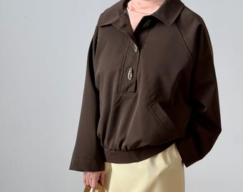 Chaqueta de lana marrón para primavera/otoño/estilo bomber raglán extragrande, prenda ligera.