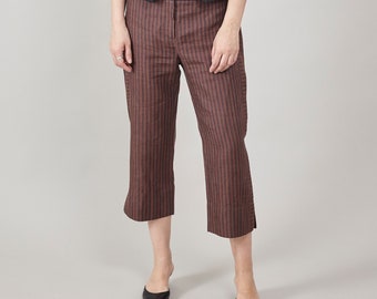 Vintage Chic Linen Capri Pants Women XS, Brown Striped Summer Pants, Mid rise, Relaxed Fit, Cute design