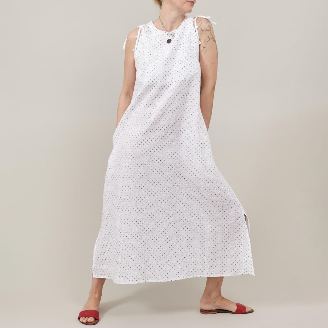 Polka Dot Linen Maxi Dress Women | Handmade White Linen Dress with Shoulder Ties Polka Dot Linen Maxi Dress Women | Handmade White Linen Dress with Shoulder Ties