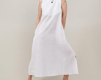 Vestido largo de lino blanco con lunares para mujer / Elegante vestido de verano sin mangas que no se arruga