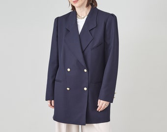 Marineblauer Wollblazer für Damen, Größe L | Vintage Zweireihiger Marineblauer Blazer mit goldenen Knöpfen FTV1912