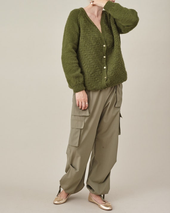 Vintage Hand Knitted Wool Cardigan in Moss Green … - image 2