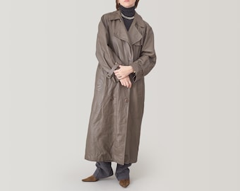 Vintage Taupe Leather Trench Coat: Long Double Breasted, Size 42 (L-XL)