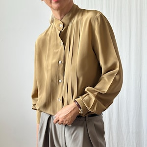 Vintage 100% Silk Blouse: Caramel Gold Pintuck Mandarin Collar, Size S-M