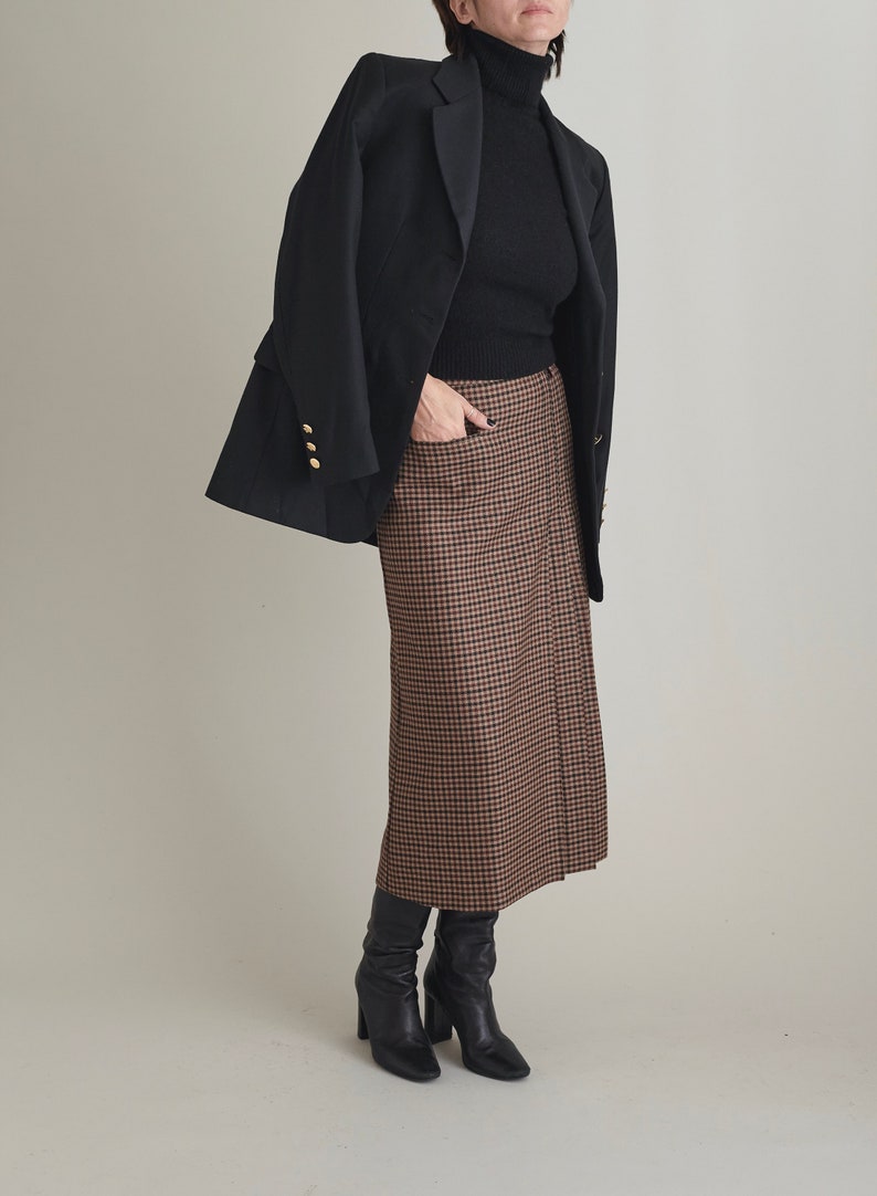 Wool Pleated Skirt for Women Plaid Brown Wool Skirt below the knees with one welt pocket, belt loops. Fully lined. FTN59_100WOL image 8