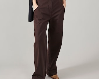 Brown Slacks for Women, Spring - Fall Pants with Loose Fit, Straight Cut, Minimalist, Mannish, Chino Style Trousers for Clean Aesthetics