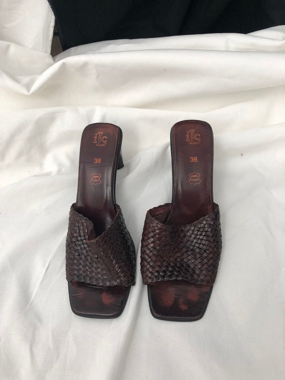 brown woven leather mules