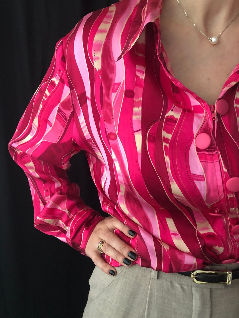 Vintage Pink 100/% Silk Blouse Size L