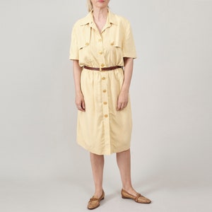 Vintage 100% Silk Dress for Women Size M - L, Butter Yellow Shirt Dress, Midi Length with Metallic Golden Buttons, Elegant Summer Dress