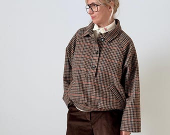 Wool Pullover Jacket in Brown Plaid, 100% with Viscose Lining