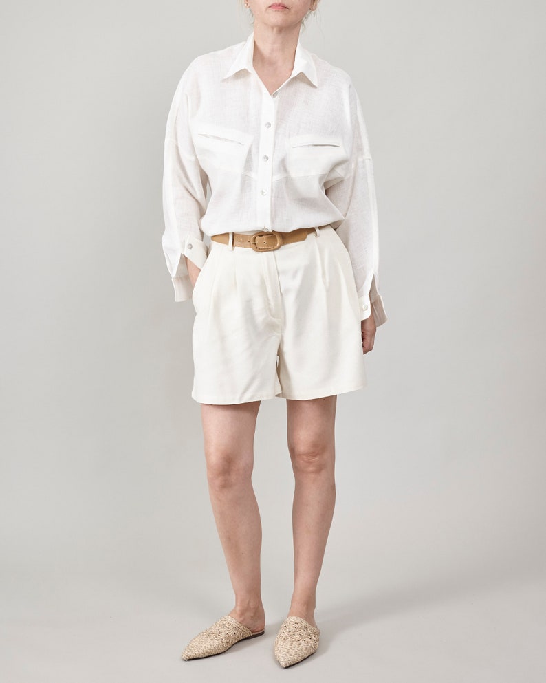 Custom Women's White Silk Shorts: Handmade Bermuda Style with High Waist, Pleats, and Pockets for Summer, Elegant Vacation Shorts image 9