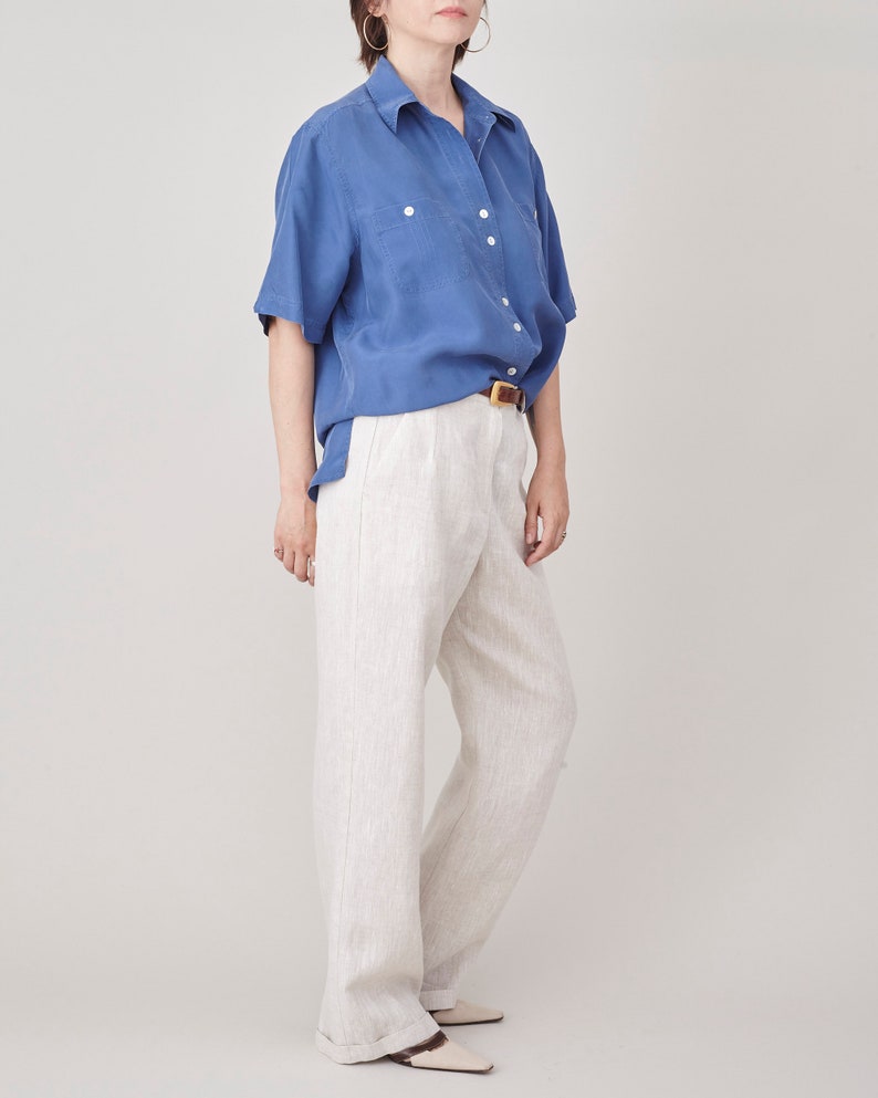 Pure Silk Shirt Size M L Blue Silk Short Sleeve Blouse FTV1455 image 6
