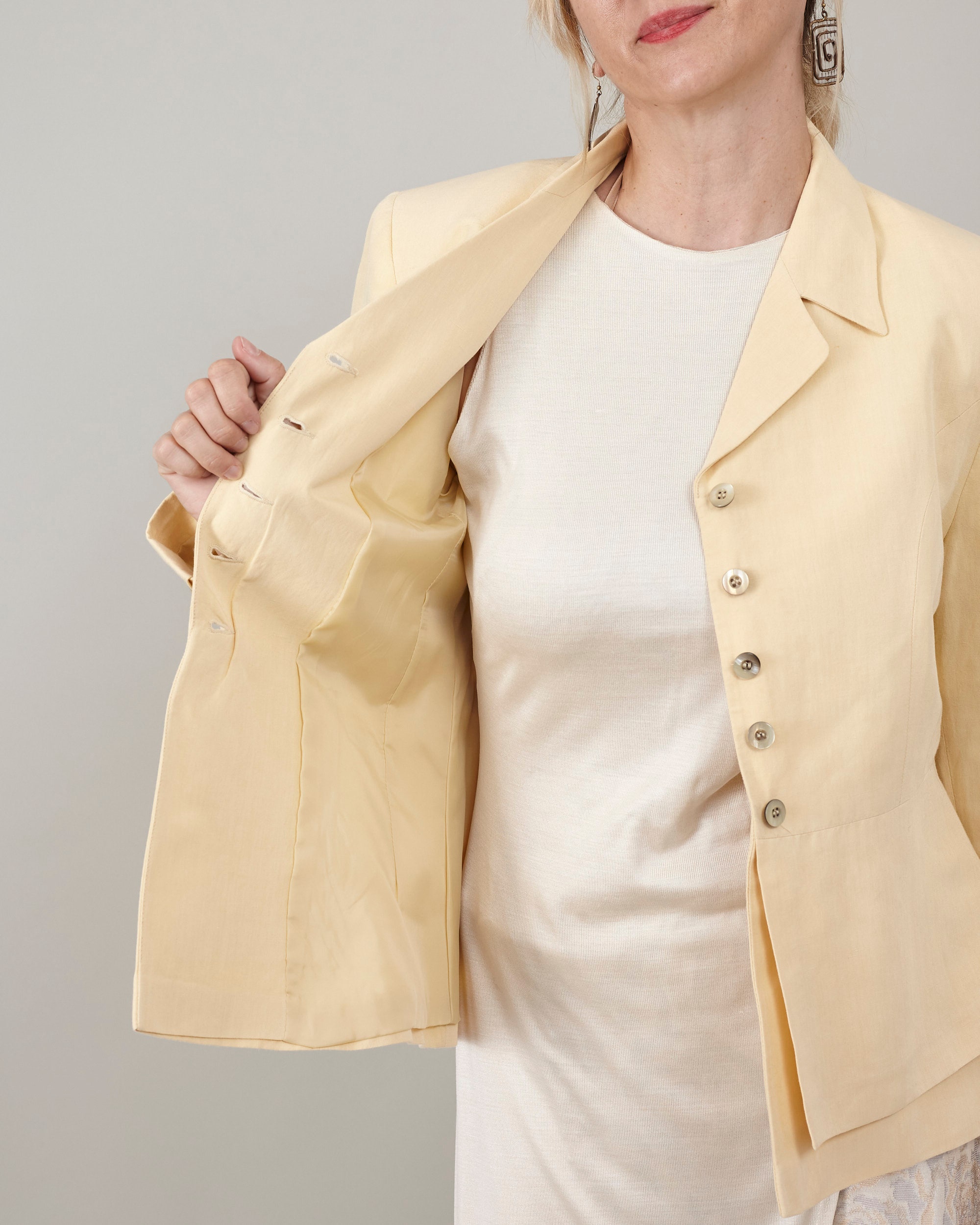 Vintage Linen Blazer: Butter Yellow Fitted Jacket, Double