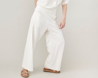 Pantalon d'été en soie brute | Pantalon large court blanc cassé avec poches