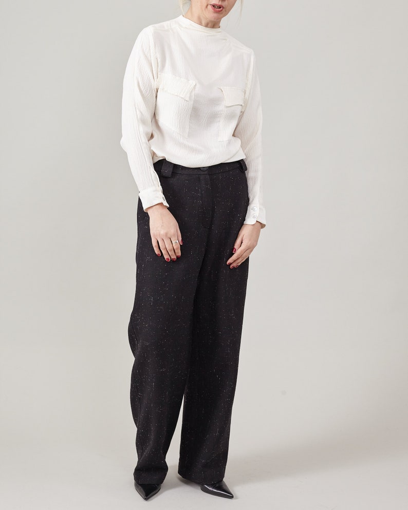 Black Wool Slacks for Women Winter Pants with Loose Fit and Straight Cut Warm Thick Lined Trousers with Mannish Style image 7