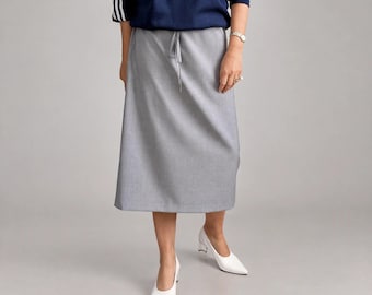 Wool A-Line Skirt, Gray Midi Length with Drawstring Waist