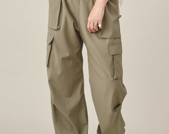 CTHY TECHWOOL BAGGY SARROUEL SLACKS カーキ KHAKI OVERSIZE STRING CARGO PANTS - ANDTHEOTHER | 60