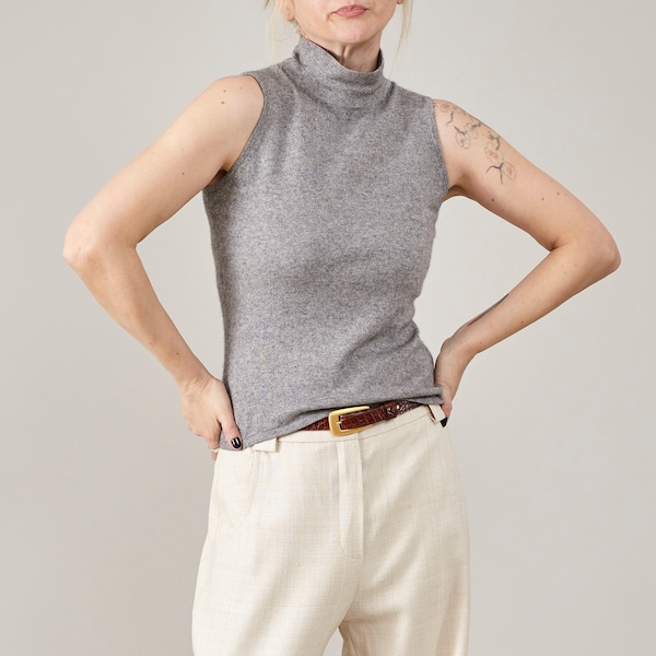 Vintage Grey Silk Top for Women XS | Cashmere Knit Sleeveless Sweater w High Mock Neck Collar, A Soft Knit Top for Layered Outfits FTV2163