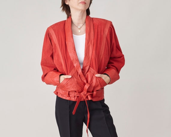Vintage Red Leather Bomber Jacket: Soft Tie Waist, Pleated Shoulders (Fits S-L)