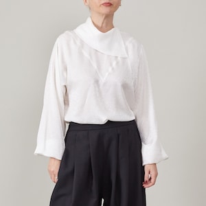 Handmade Silk Blouse for Women | Elegant White Shirt with Bishop Sleeve and Drape High Collar | Retro Design Top for Formal Occasions