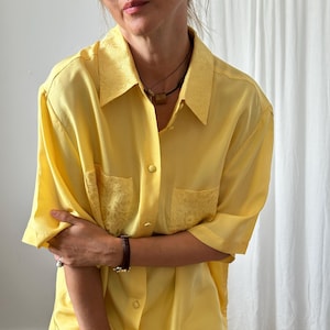 90s Vintage 100% Silk Shirt in Bright Yellow | Lightweight Short Sleeve Blouse US 12 | Summer Over Shirt for Women