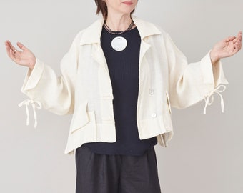 Vintage White Linen Jacket for Women Size S - L, Oversized Fit and Unique Design FTV1773