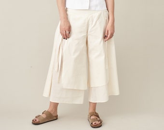 White Silk  Cotton Blend Skirt Pants in a Stylish and Unique Design with Layers and Side Tie Strings