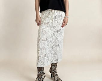 Sheer Wool Skirt, Cream Openwork Midi with Silk Drawstring Waist