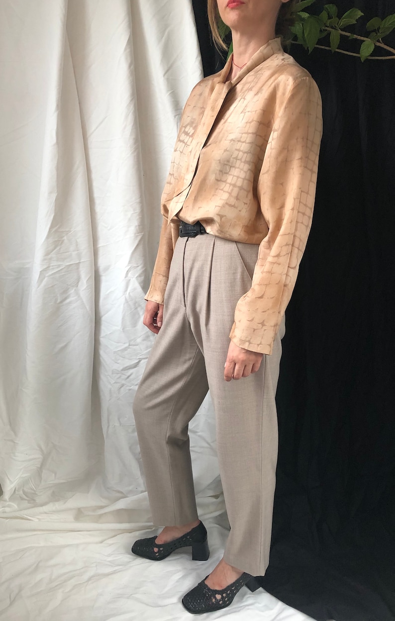 Cream Silk Blouse Silk Blouse with Shawl Collar Vintage Beige Silk Blouse for women Size M