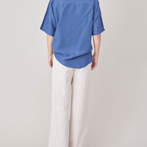 Pure Silk Shirt Size M L Blue Silk Short Sleeve Blouse FTV1455 image 4