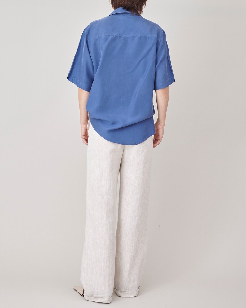 Pure Silk Shirt Size M L Blue Silk Short Sleeve Blouse FTV1455 image 4