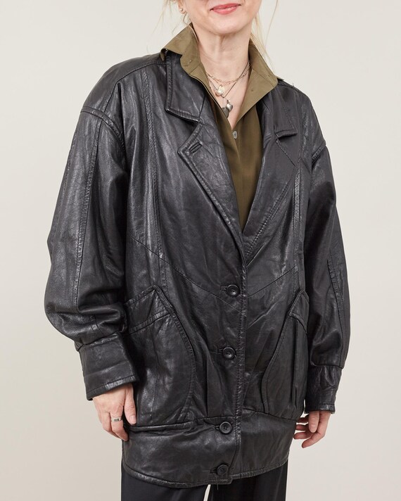 Vintage Black Leather Jacket for Women Size S | Retro Oversized