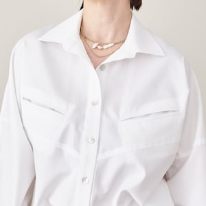 Handmade White Cotton Blouse: Relaxed Fit Button-Up Shirt with Batwing Sleeves