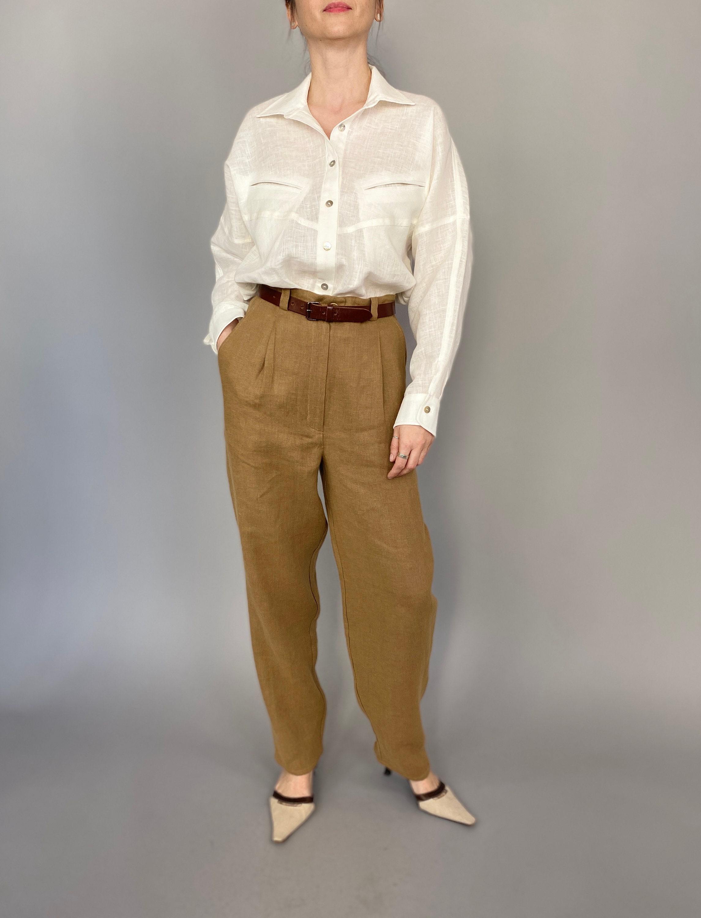 SAMPLE SALE Camel Linen Pants for Women Size XS, Waist 27