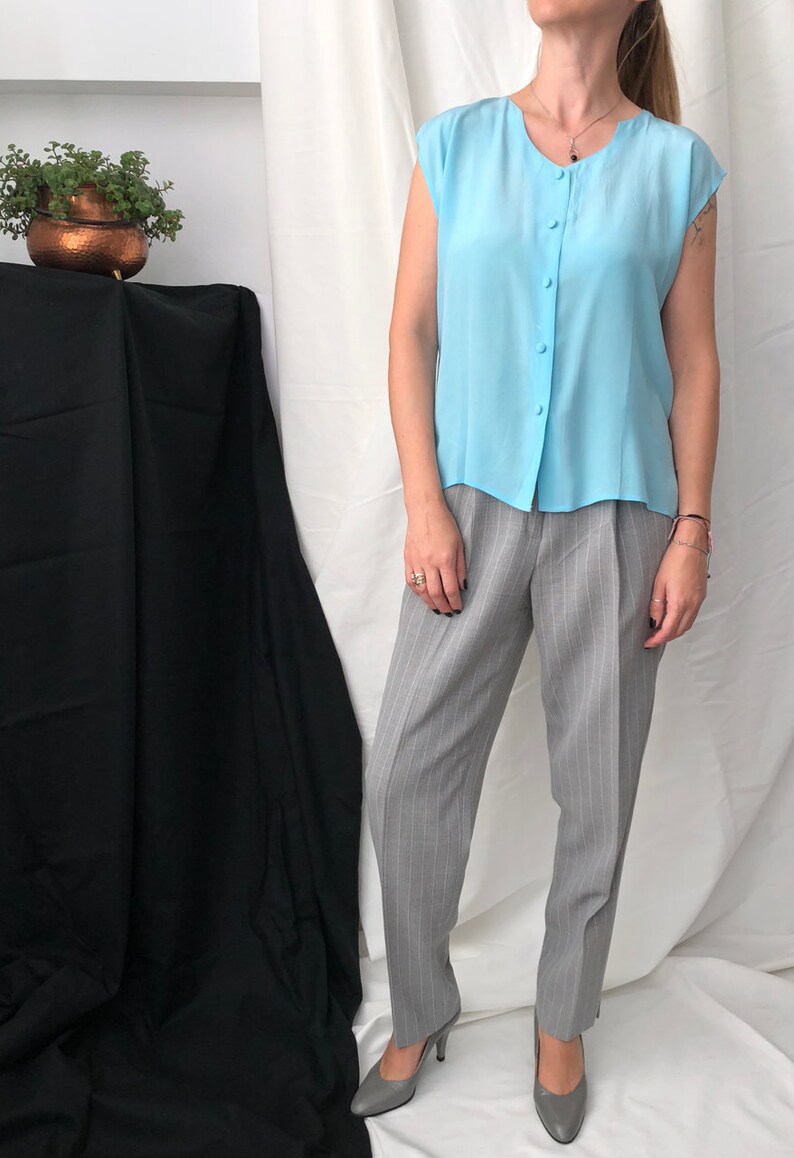 Vintage Blue 100/% Silk Blouse Size M L