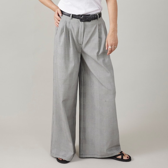 Plaid Wide Leg Pants for Summer, Glen Check Print, 100