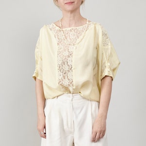 Vintage Butter Yellow Silk Blouse, Lace Detail, Oversized Fit, Women's S-L, Perfect for Summer and Daily Chic image 2
