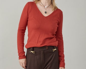 Copper Silk Cashmere V-Neck Vintage Pullover, Essential Lightness and Elegance for Women Size S FTV2032