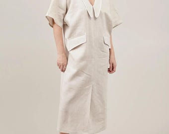 Oversized Linen Kaftan Dress | Handmade Midi Dress with Pockets, White Piping