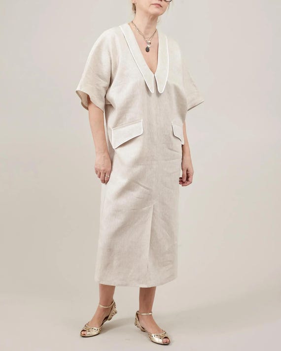 Oversized Linen Kaftan Dress | Handmade Midi Dress with Pockets, White Piping