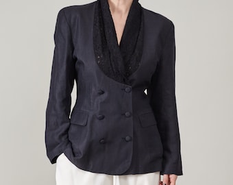 Vintage Black Linen Blazer: Double Breasted Lace Collar Jacket, Size S