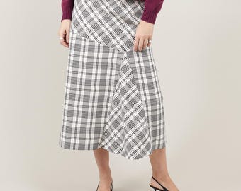 Handmade Plaid Wool Midi Skirt: A-Line Panel Gored Design