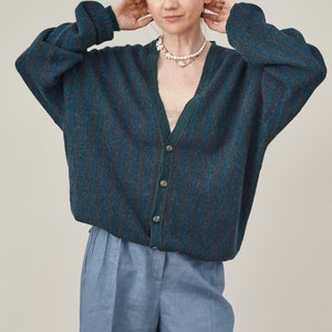 Vintage Tile Green Striped Cardigan for Women Size L | Deep V-Neck Alpaca Wool Knit, Timeless Style